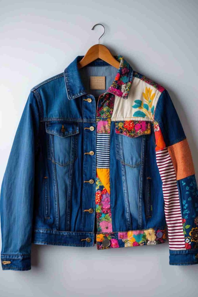 DIY Upcycled Denim Jacket Ideas with Colorful Fabric Scrap Patchwork