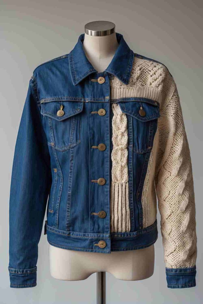 DIY Upcycled Denim Jacket Ideas with Cozy Knitted Fabric Panels