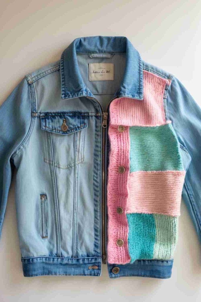 DIY Upcycled Denim Jacket Ideas with Bold Knitted Fabric Overlay