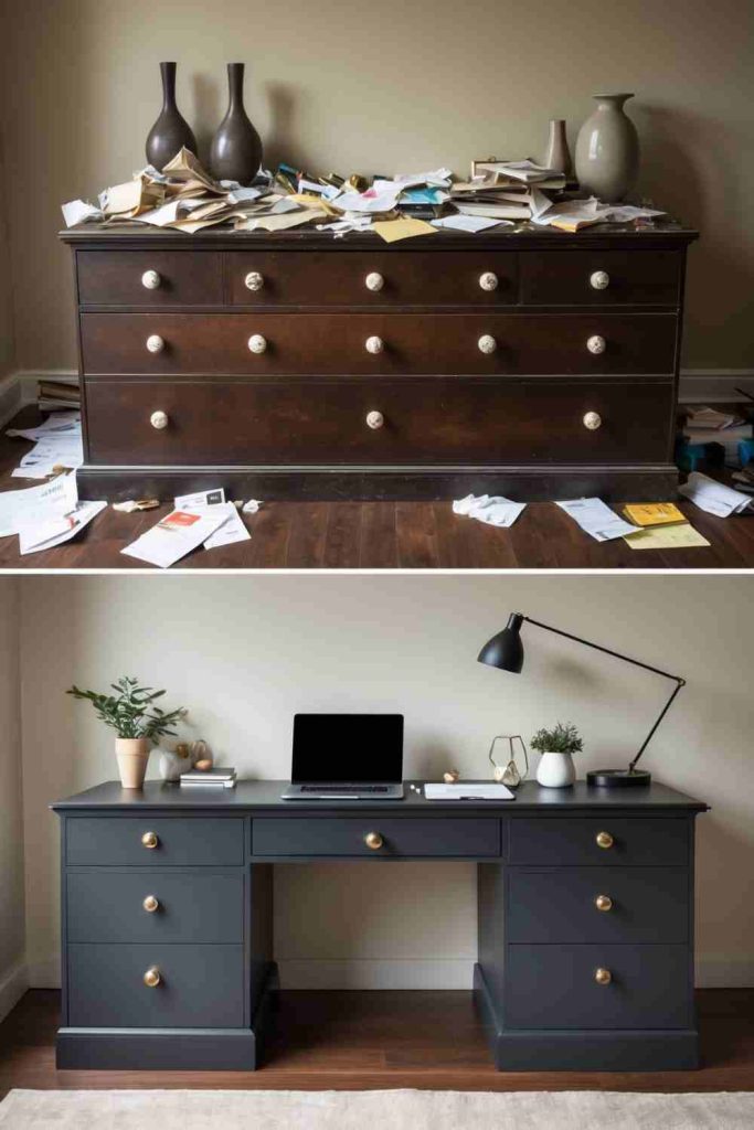 Modern Desk Makeover with Paint, Golden Knobs, and Style