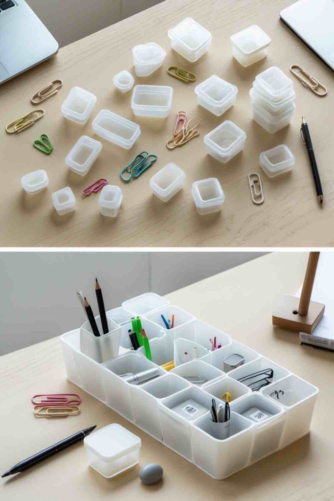 Repurpose Small Plastic Containers for Desk Organization
