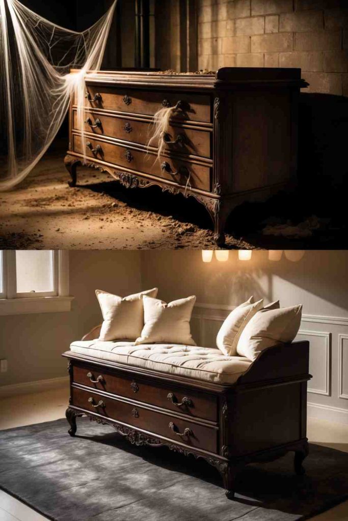 Turn an Antique Dresser into a Stylish Bench with Padding and Fabric