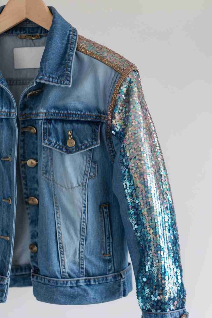 Upcycled Denim Jacket Ideas with Shimmering Sequin Sleeves
