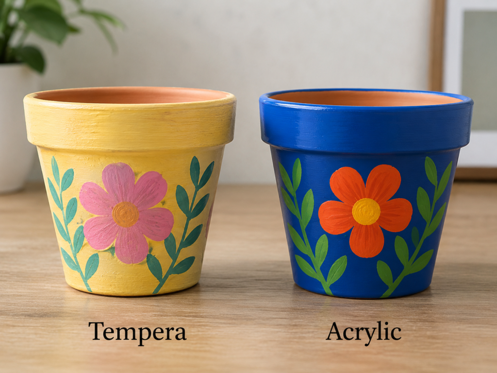 Compare Tempera and Acrylic on Painted Terracotta Pots Compare Tempera and Acrylic on Painted Terracotta Pots