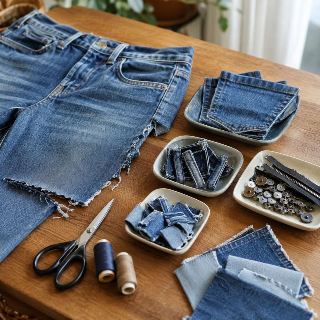 Save Pockets, Tabs, and Flat Denim Pieces for Future Projects Save Pockets, Tabs, and Flat Denim Pieces for Future Projects