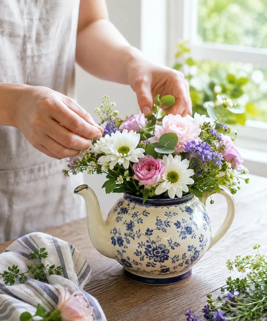 Use an Old Teapot as a Tabletop Flower Arrangement