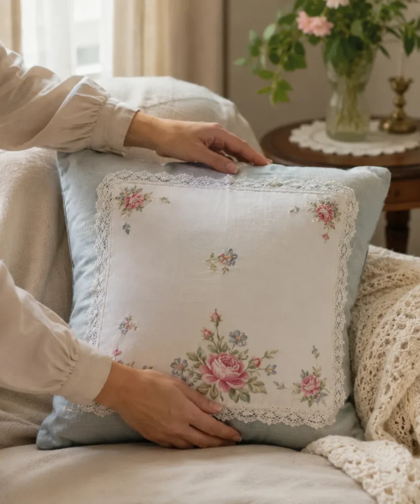 Add a Vintage Hankie Panel to a Cushion