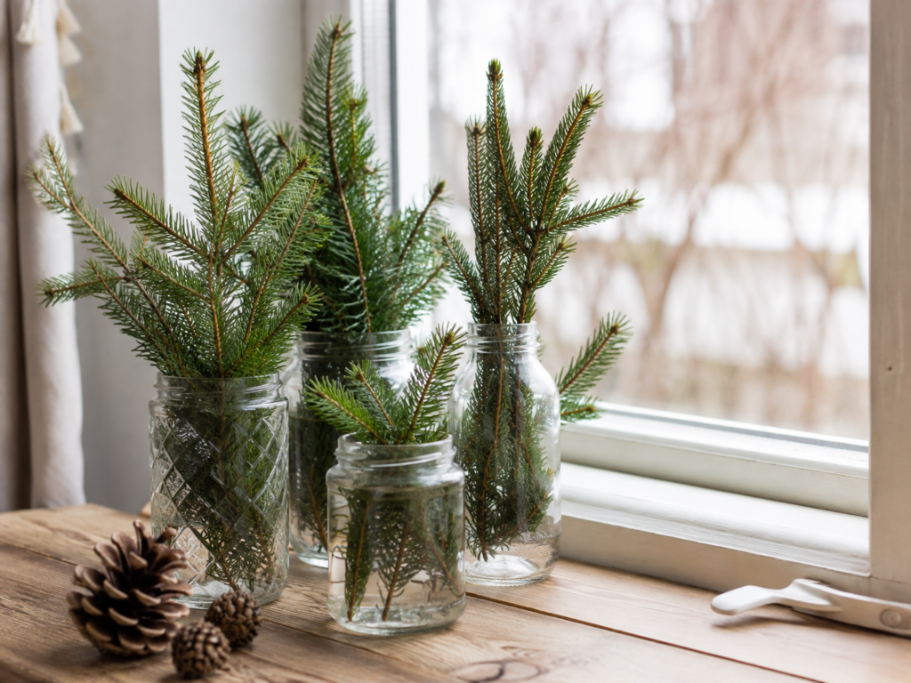 Display Short Evergreen Tips in Reused Glass Jars Display Short Evergreen Tips in Reused Glass Jars