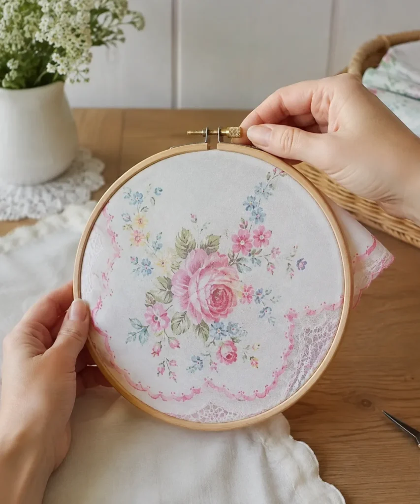 Frame a Floral Hankie in an Embroidery Hoop