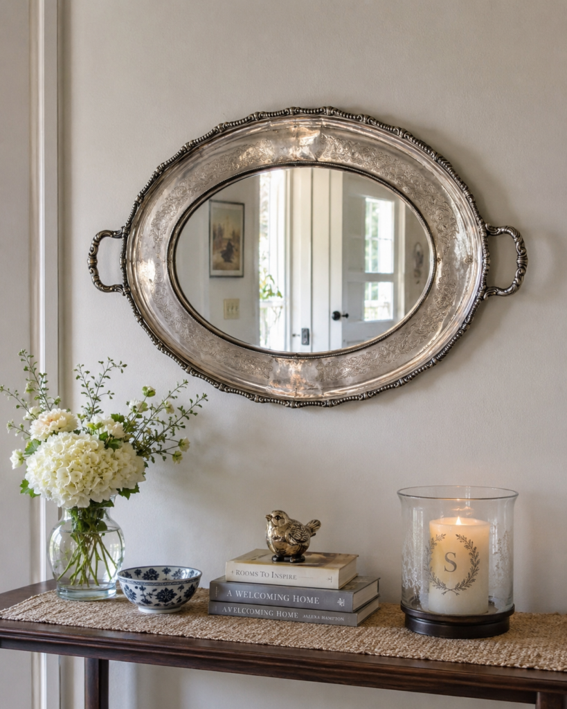 Frame a Mirror with an Ornate Oval Silver Tray Frame a Mirror with an Ornate Oval Silver Tray