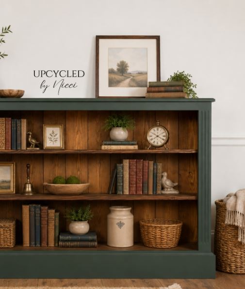 Refresh a Low Bookshelf with Green Paint and a Timber Back Refresh a Low Bookshelf with Green Paint and a Timber Back