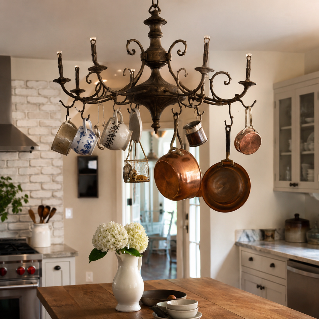 Repurpose a Sturdy Chandelier as a Kitchen Pot Rack Repurpose a Sturdy Chandelier as a Kitchen Pot Rack