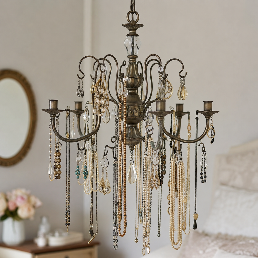 Reuse a Chandelier as a Hanging Jewellery Organizer Reuse a Chandelier as a Hanging Jewellery Organizer