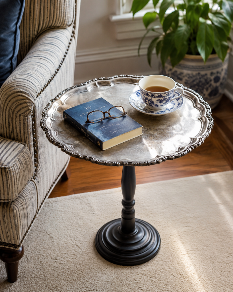 Turn a Round Silver Tray into a Pedestal Side Table Turn a Round Silver Tray into a Pedestal Side Table