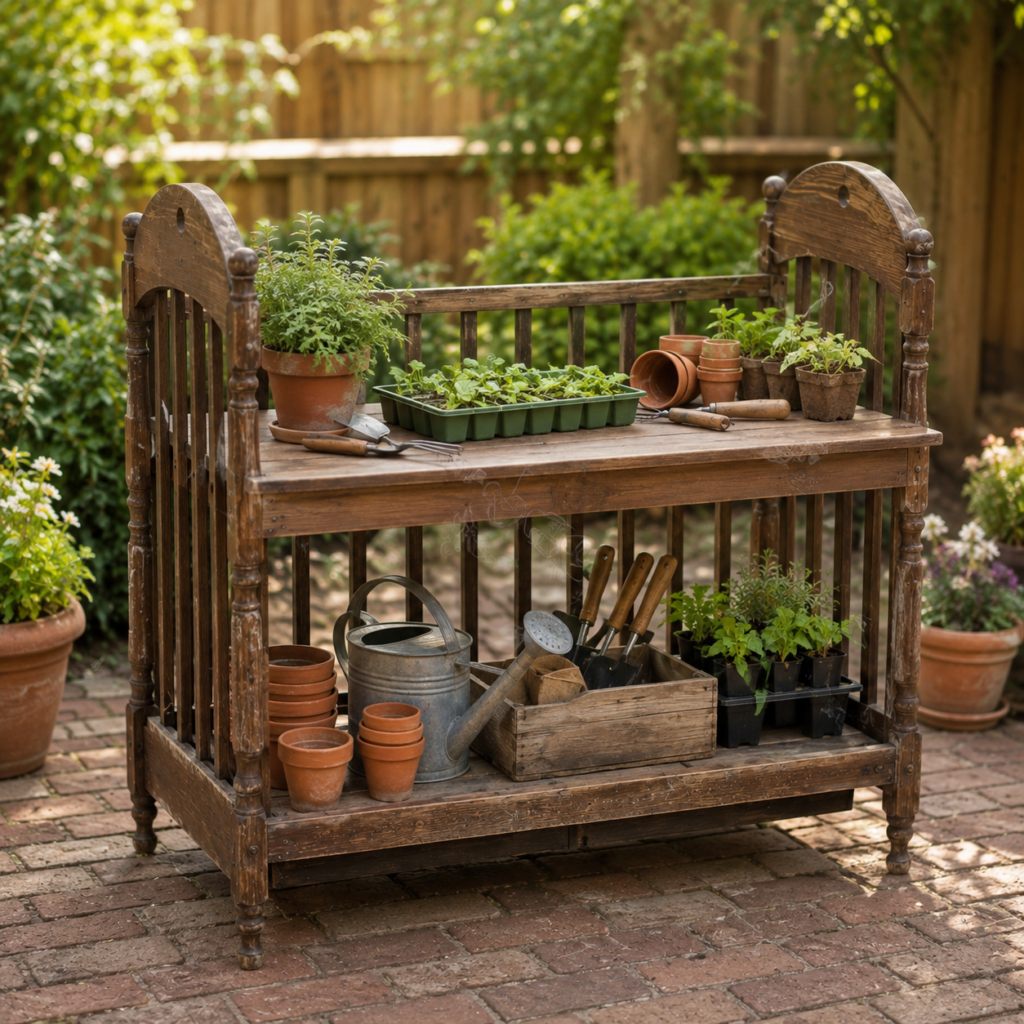 Turn the Crib Into an Outdoor Potting Bench Turn the Crib Into an Outdoor Potting Bench