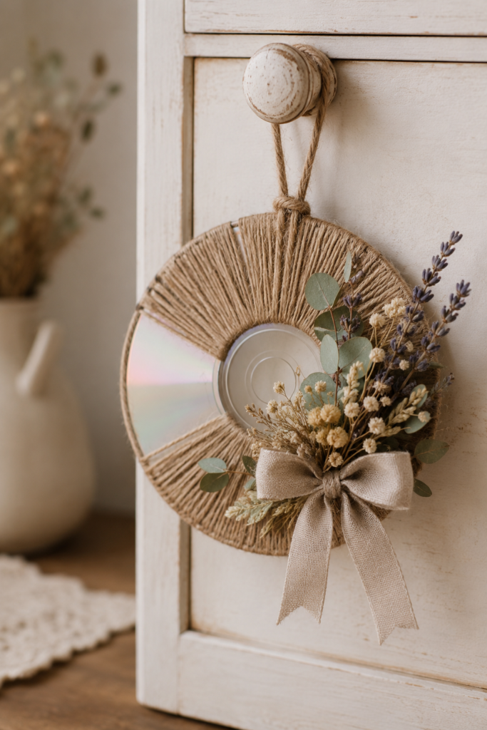 Twine-Wrapped CD Wreath with Dried Florals