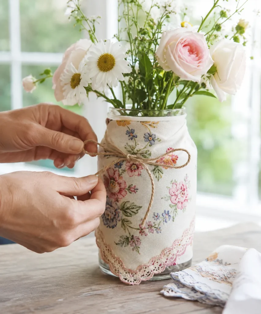 Wrap a Glass Jar With a Vintage Hankie