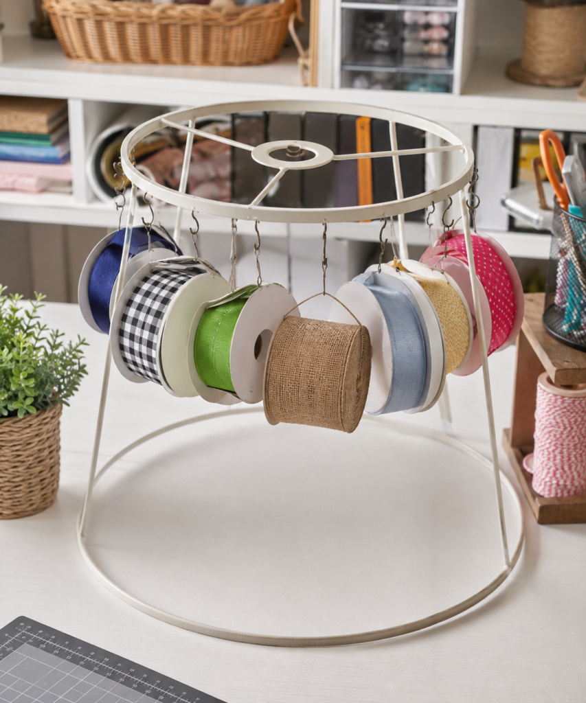 Build a Ribbon Holder From the Frame of a Lamp Shade (1)