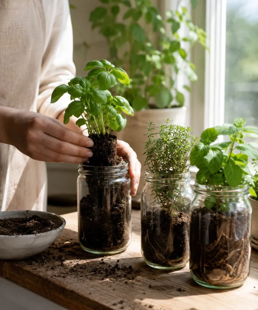 Grow Herbs in Reused Glass Jars Grow Herbs in Reused Glass Jars