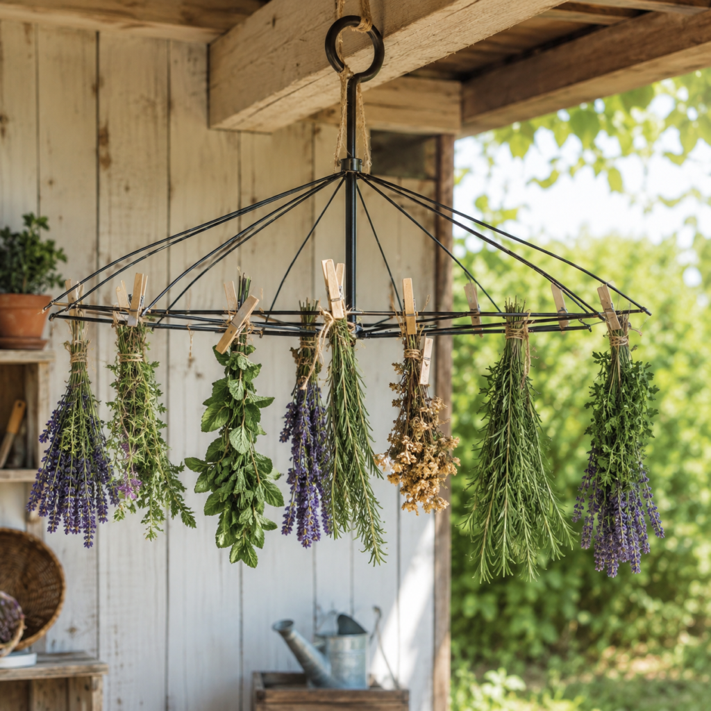 Hang an Umbrella Frame as a Herb-Drying Rack Hang an Umbrella Frame as a Herb-Drying Rack