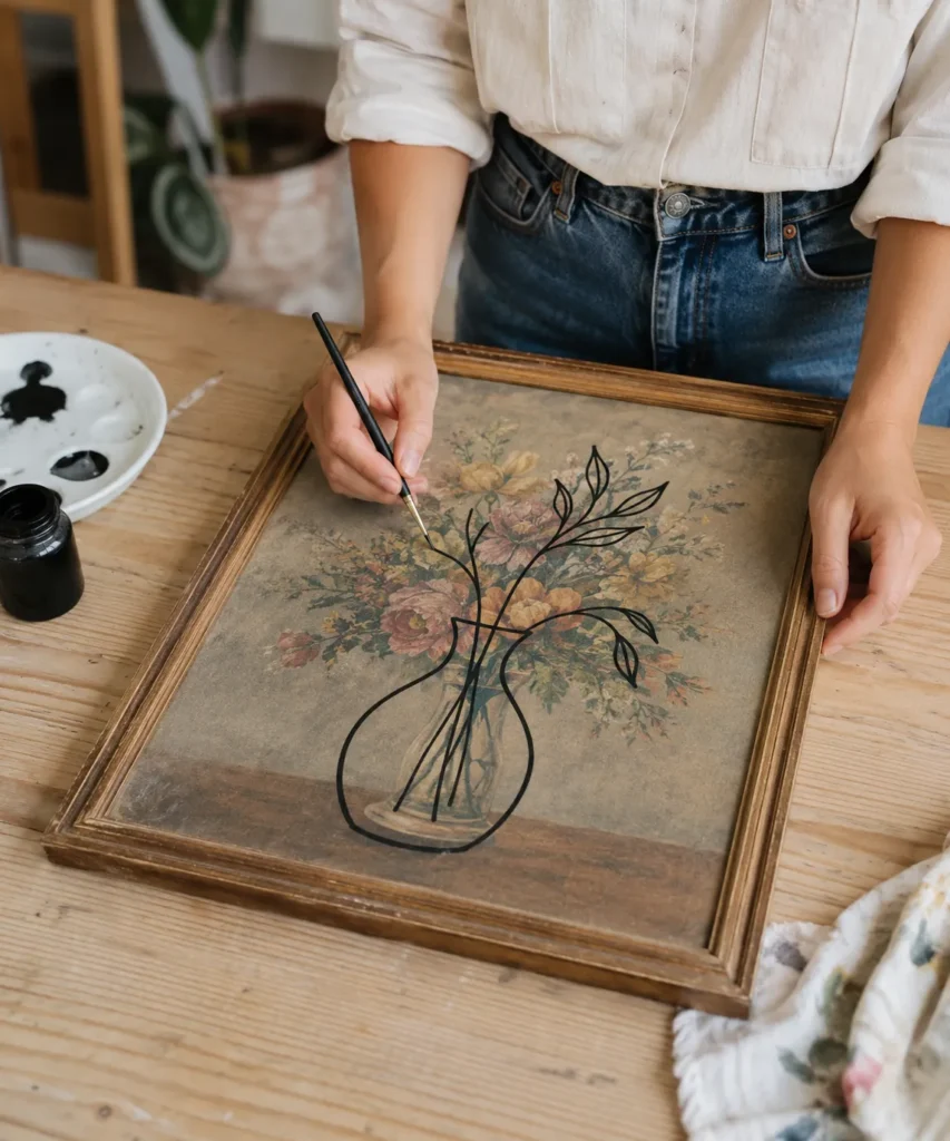 Layer Simple Line Art Over a Vintage Floral Painting