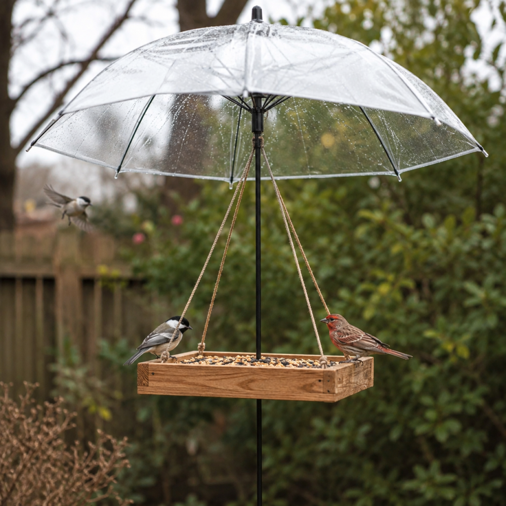 Make a Rain-Sheltered Bird Feeder with a Clear Umbrella Make a Rain-Sheltered Bird Feeder with a Clear Umbrella