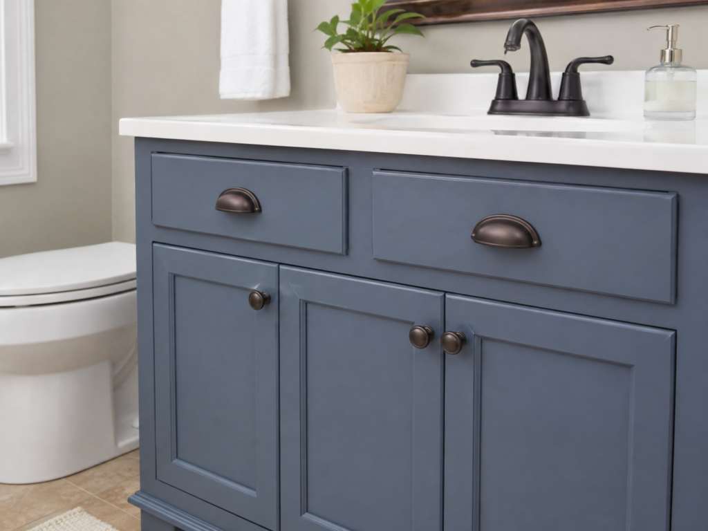 Pair Dark Bronze Hardware With a Blue-Gray Vanity Pair Dark Bronze Hardware With a Blue-Gray Vanity