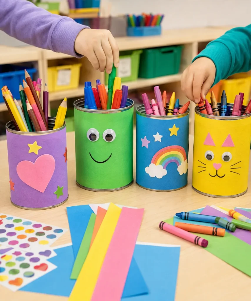Reuse Empty Tins as Preschool Pencil Holders
