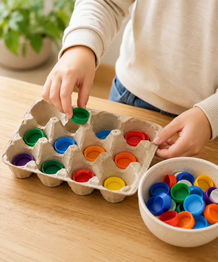 Turn Saved Bottle Caps and an Egg Carton Into a Sorting Game Turn Saved Bottle Caps and an Egg Carton Into a Sorting Game