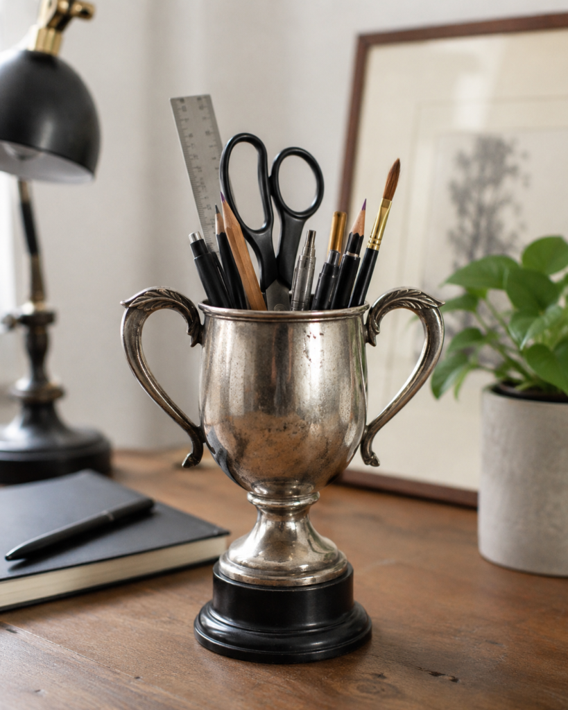 Use a Trophy Cup as a Desk and Art-Supply Organiser Use a Trophy Cup as a Desk and Art-Supply Organiser