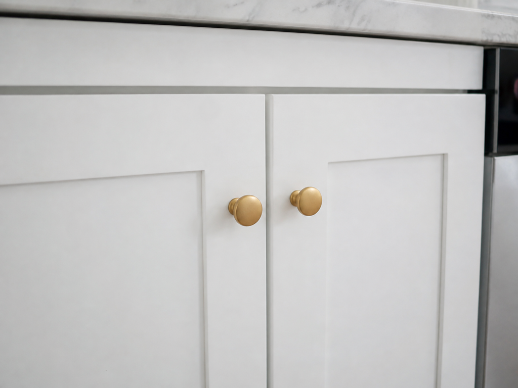 Use a Warm Brass Finish on White Cabinet Doors Use a Warm Brass Finish on White Cabinet Doors