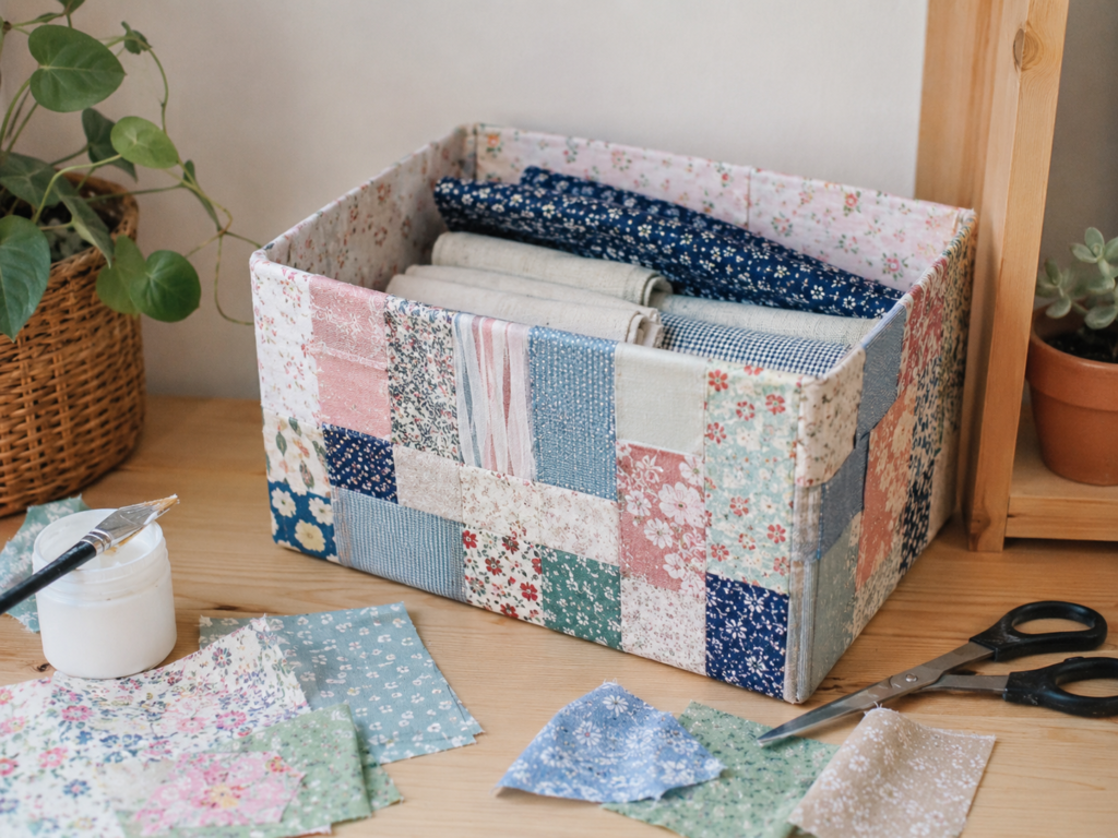 Cover a Small Storage Basket With Scrap Fabric Panels Cover a Small Storage Basket With Scrap Fabric Panels