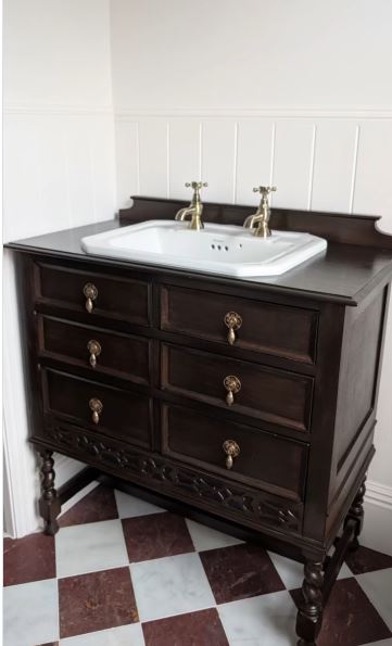 Fit a Ceramic Basin into a Dark Carved Dresser Fit a Ceramic Basin into a Dark Carved Dresser