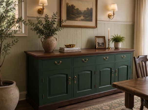 Paint a Long Vintage Buffet Deep Green and Keep the Wood Top Paint a Long Vintage Buffet Deep Green and Keep the Wood Top
