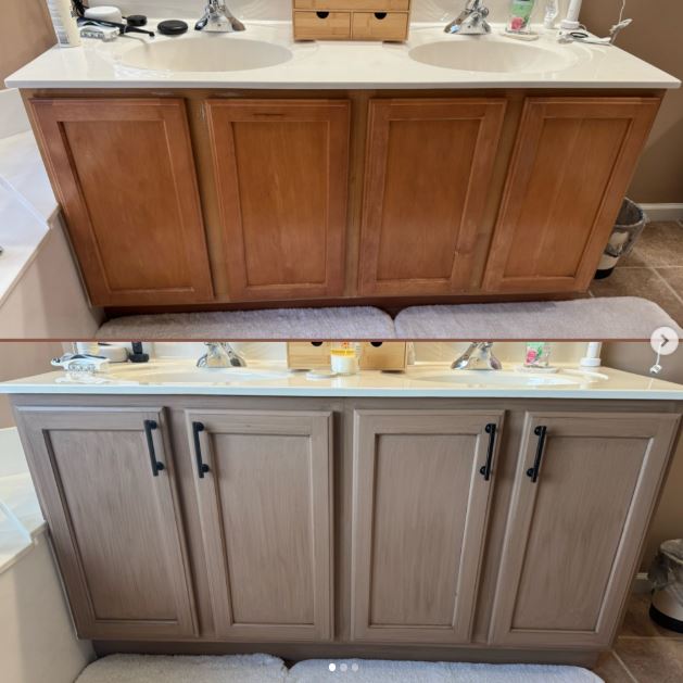 Soften an Orange-Toned Double Vanity with a Muted Taupe Finish Soften an Orange-Toned Double Vanity with a Muted Taupe Finish