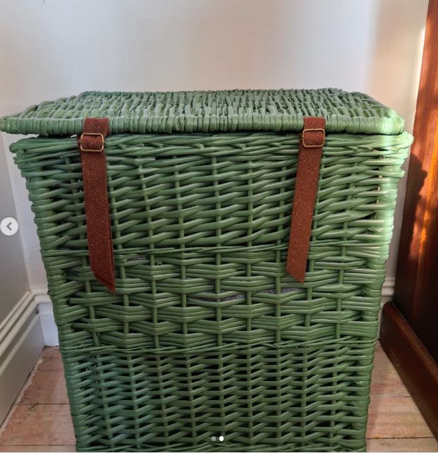 Update a Laundry Basket With Green Paint and Leather Straps
