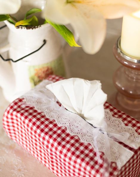 Cover a Tissue Box with Red Gingham and Eyelet Lace Cover a Tissue Box with Red Gingham and Eyelet Lace